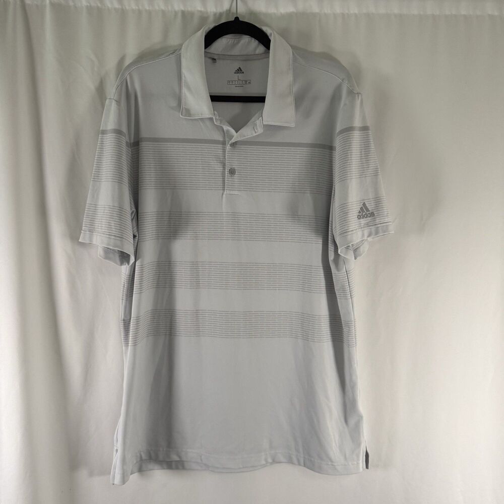 ADIDAS Polo Men's Large White Grey Striped Short Sleeve 1/4 Button Collared